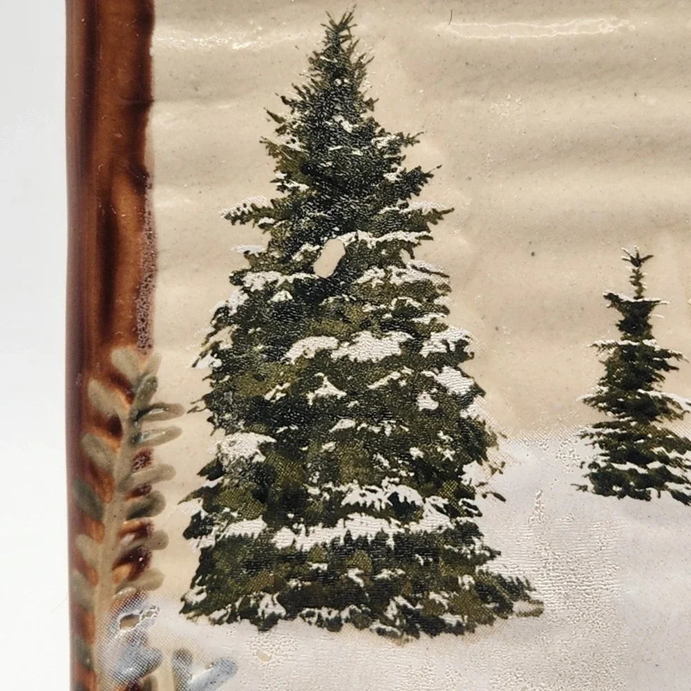 St Nicholas Sq Snow Valley Ceramic Pine Tree Wall Tile Trivet Cottagecore Disc